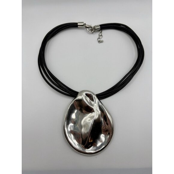 Large Chunky Silver Disc Pendant Cord Necklace Modernist Boho - Picture 2 of 3